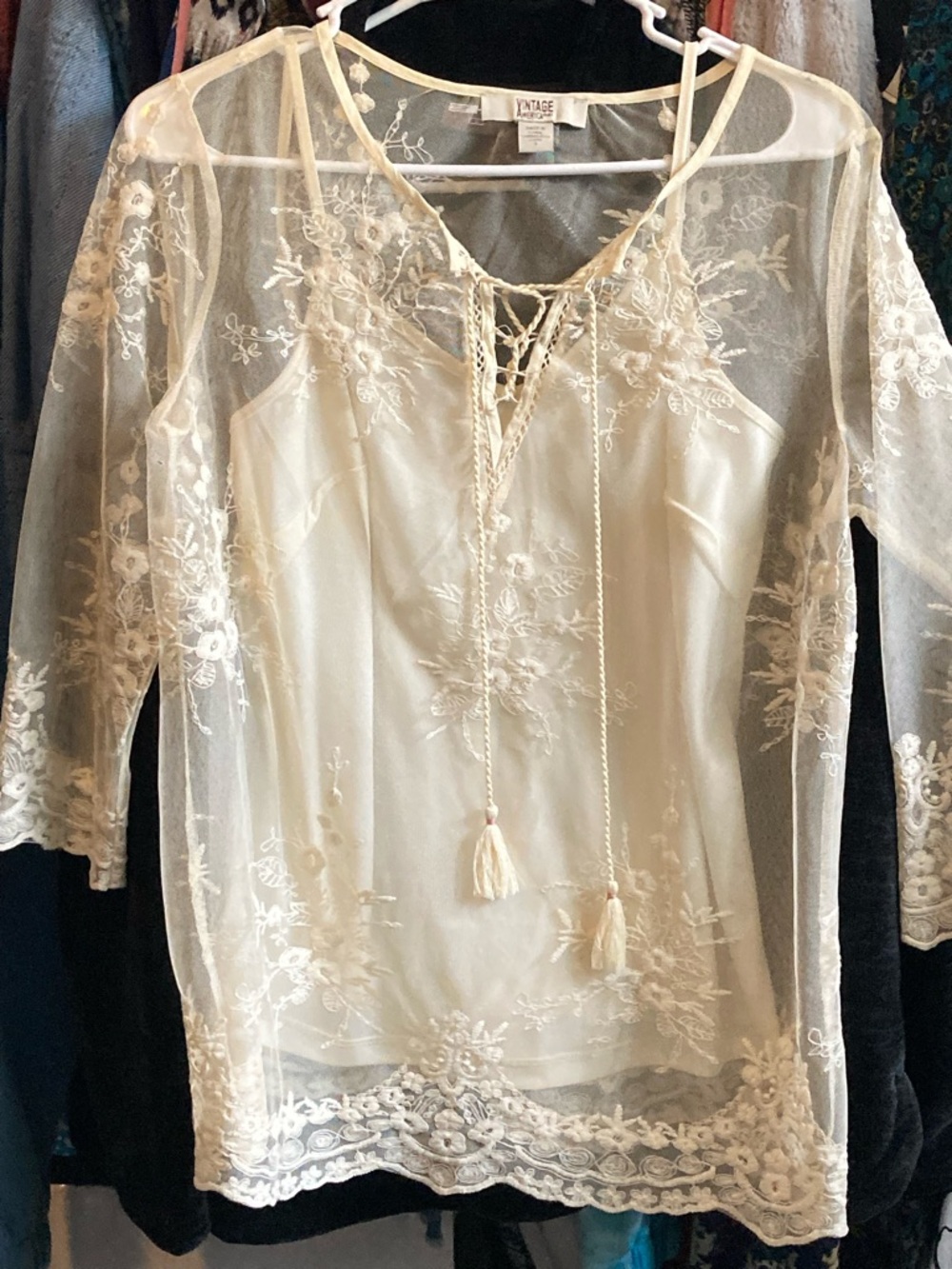 Vintage America Sheer Cream Embroidered Blouse